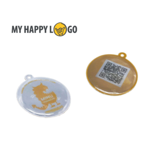 Ajakiri Minu Maailm pehme kollane helkur , esimesel poolel logo ja teisel poolel QR-kood, My Happy Logo toodetud